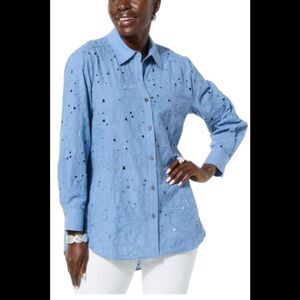 WynneCollection Women's Embroidered Button-Down Shirt Chambray - Regular